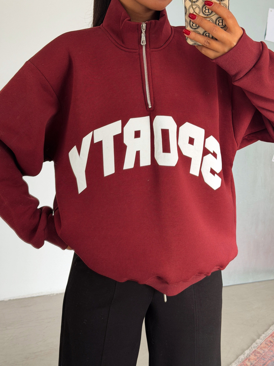 Sporty Yarım Fermuar Sweat - Bordo