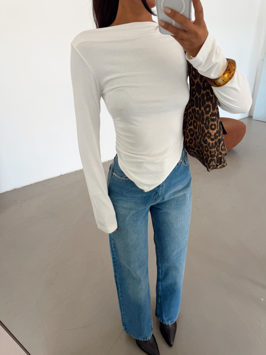 Asimetrik Yan Drape Bluz - Beyaz