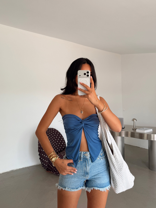 Straplez Kelebek Crop - Saks Mavi
