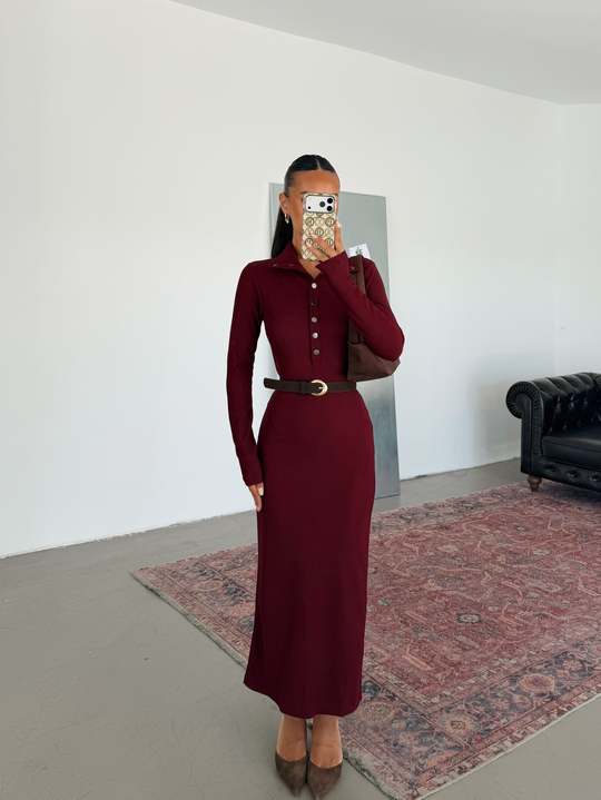 Yarım Çıtçıtlı Fitilli Elbise - Bordo
