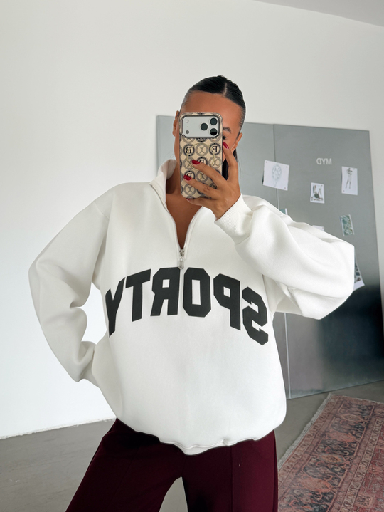 Sporty Yarım Fermuar Sweat - Ekru