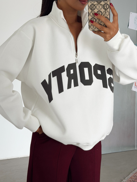 Sporty Yarım Fermuar Sweat - Ekru
