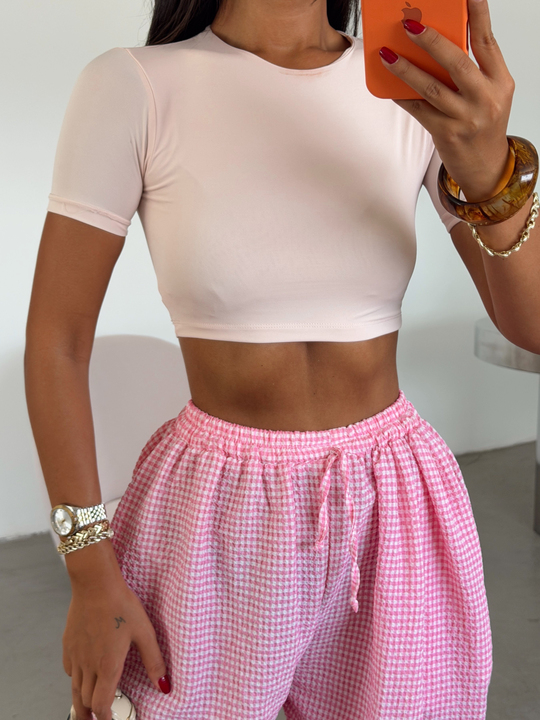 Çift Kat Crop Basic - Pudra Pembe