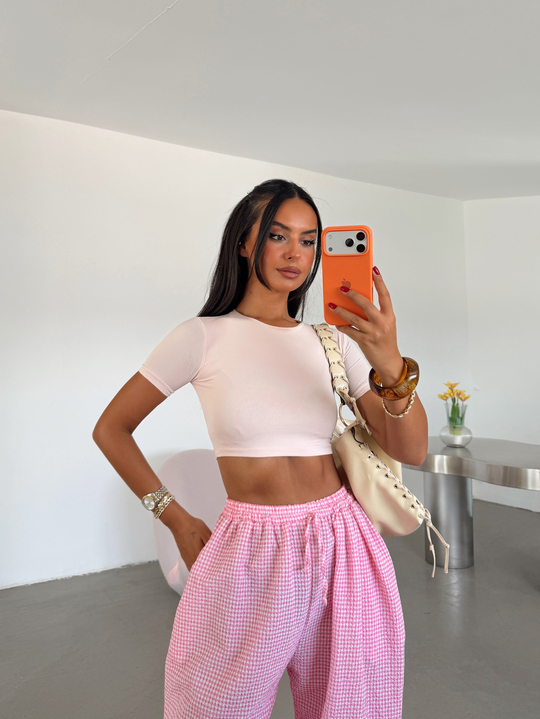 Çift Kat Crop Basic - Pudra Pembe