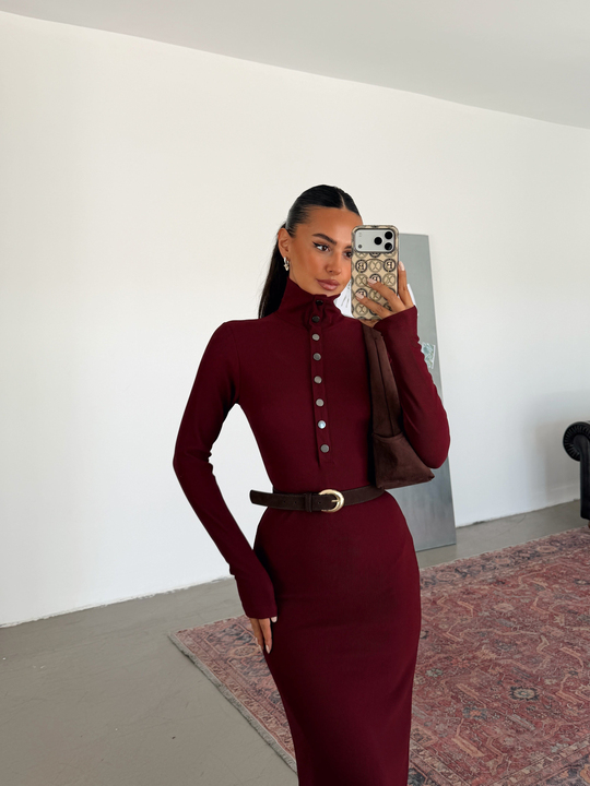 Yarım Çıtçıtlı Fitilli Elbise - Bordo