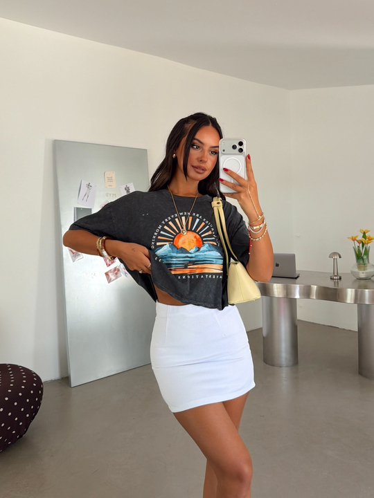Baskılı Yıkama Basic T-shirt - Füme