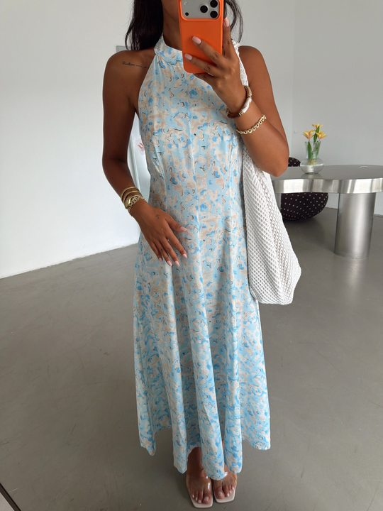Halter Yaka Desenli Elbise - Mavi