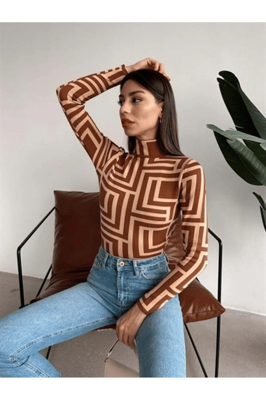 Desenli Dik Yaka Triko Bluz KİREMİT DESEN - Kiremit Desen