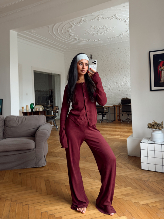 Bisiklet Yaka Düğme Detaylı Relax Takım - Bordo