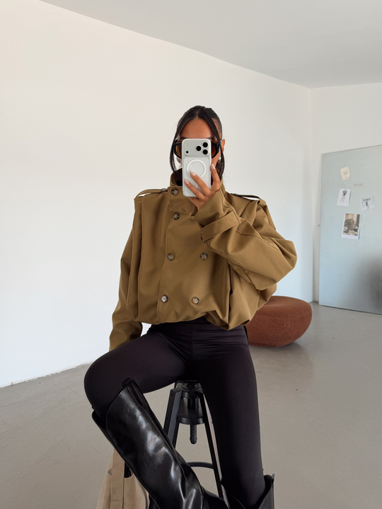 Vatka Detay Oversize Crop Trençkot - Haki