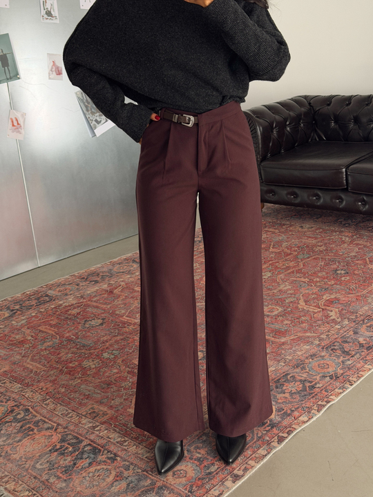 Yanı Kemerli Kumaş Pantolon - Mürdüm