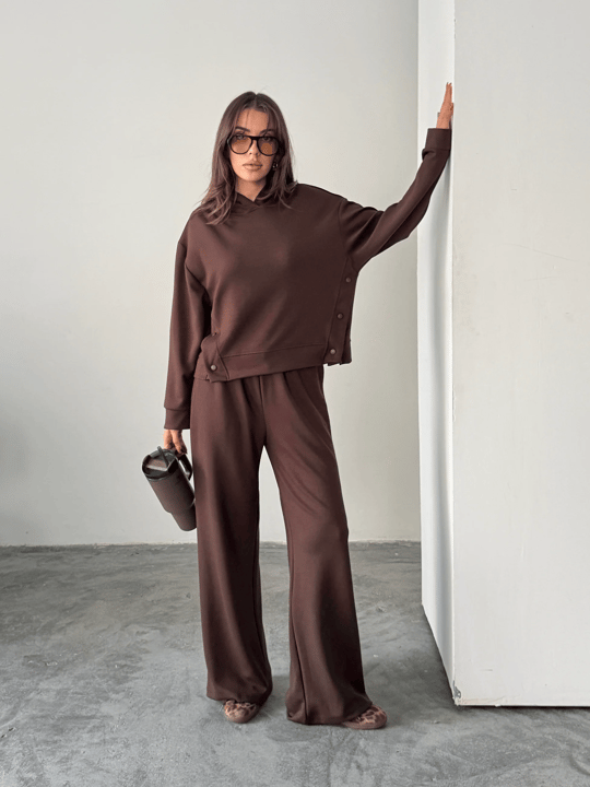 Çıt Çıt Detaylı Kapüşonlu Takım  - Kahve