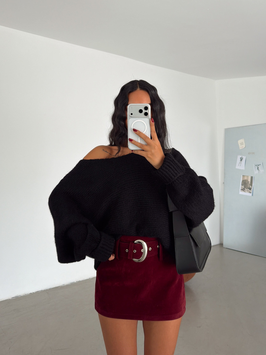 Kemerli Süet Mini Etek - Bordo