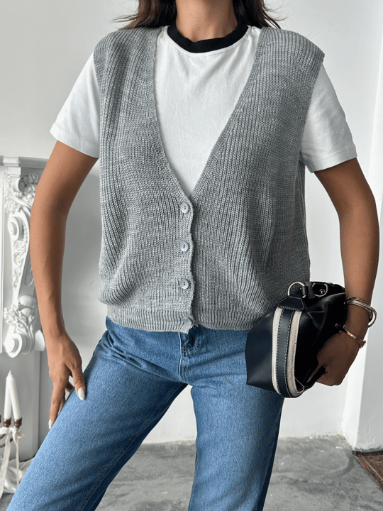 Dört Düğme Selanik Yelek - Gri