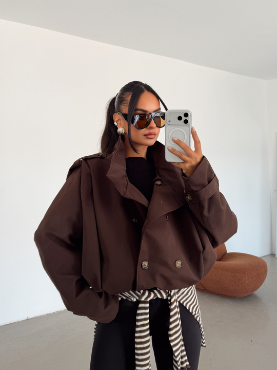 Vatka Detay Oversize Crop Trençkot - Acı Kahve