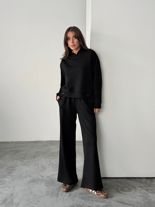 Çıt Çıt Detaylı Kapüşonlu Takım  - Siyah