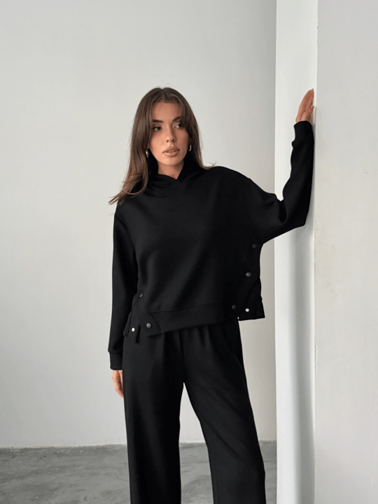 Çıt Çıt Detaylı Kapüşonlu Takım  - Siyah