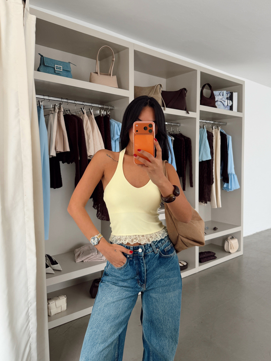 Etek Ucu Dantelli Crop - Sarı