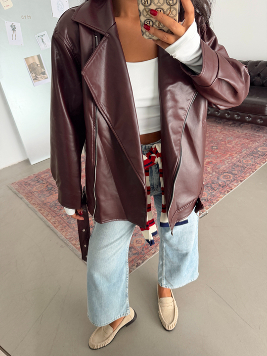 Kemerli Oversize Deri Ceket  - Bordo