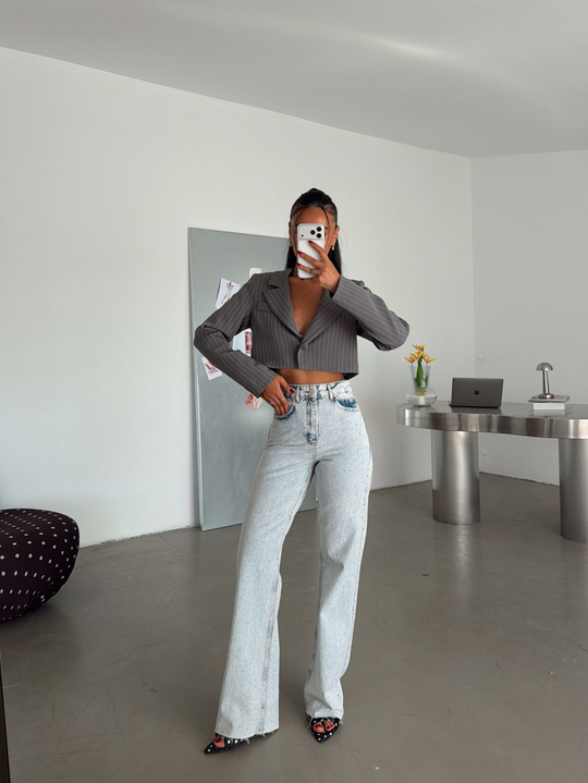 Premium Parlak Taş Detaylı Jean  - Buz Mavi