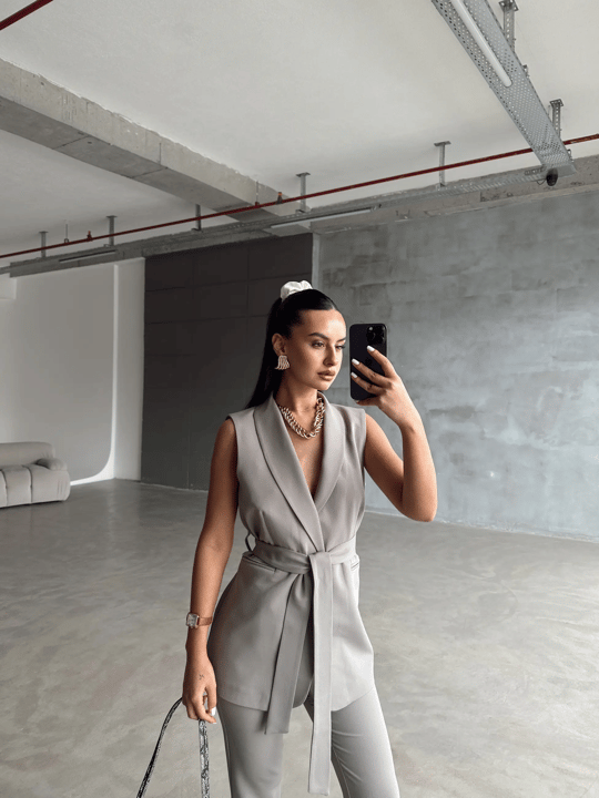Bağlamalı Blazer Yelek  - Gri