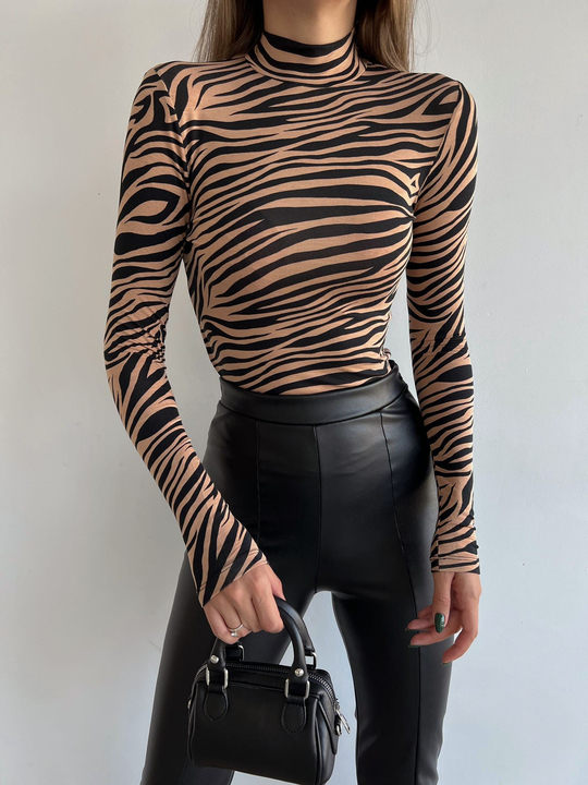 Desenli Balıkçı Bluz - Taba Zebra