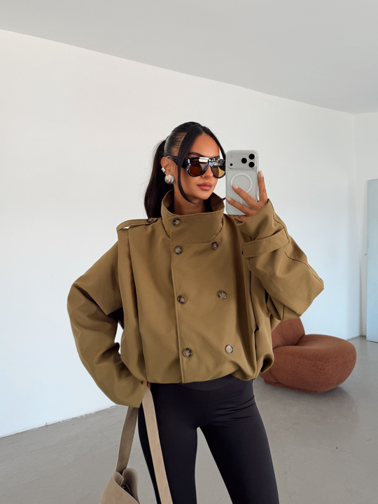 Vatka Detay Oversize Crop Trençkot - Haki