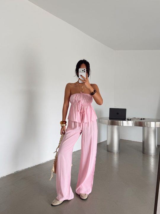Straplez Keten Takım - Pembe