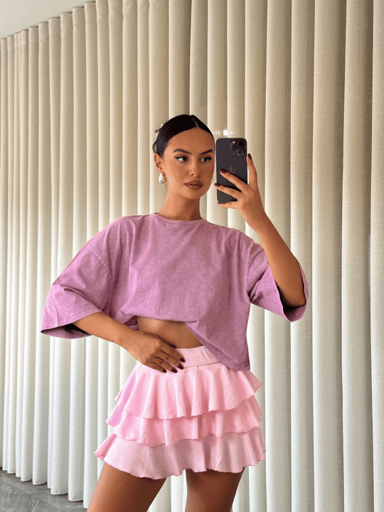 Yıkamalı Düz Crop Basic - Lila