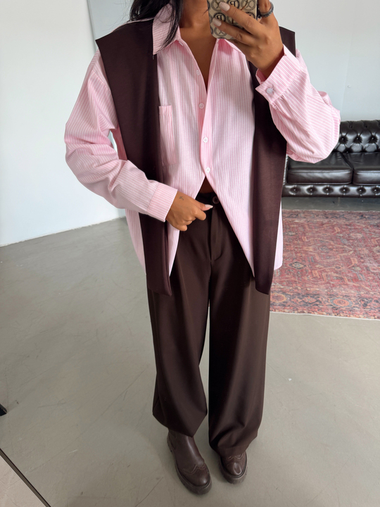 Omuz Aksesuarlı Çizgili Gömlek - Pembe