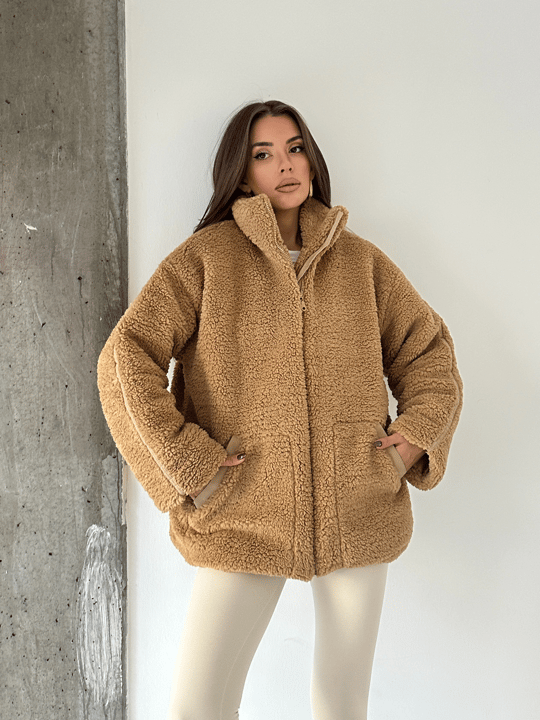 İç Astarlı Oversize Peluş Mont  - Vizon