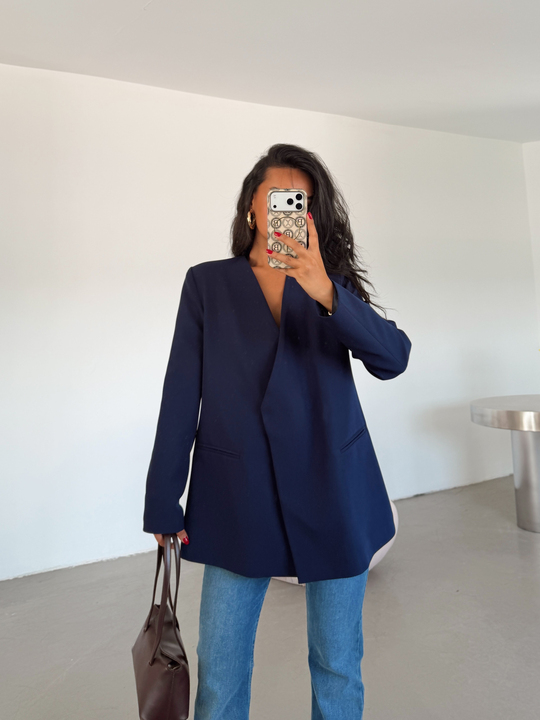 Deri Kemerli Blazer Ceket - Lacivert