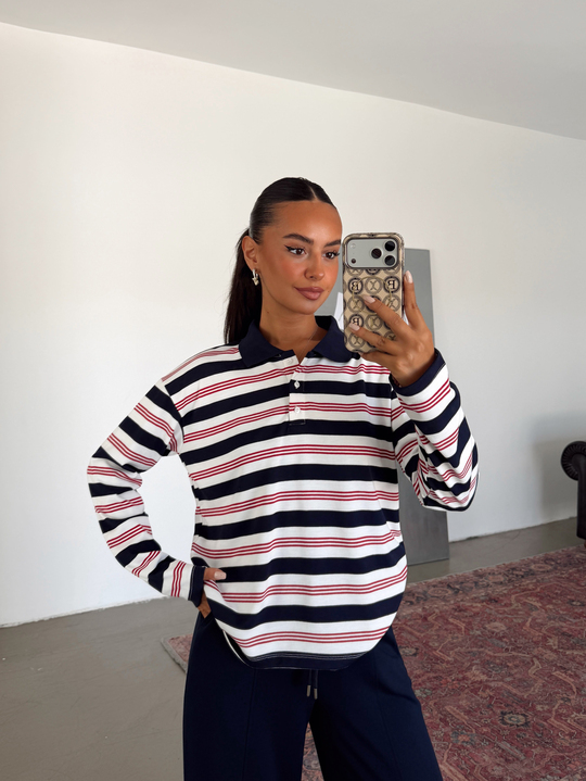 Polo Yaka Çizgili Sweatshirt - Lacivert