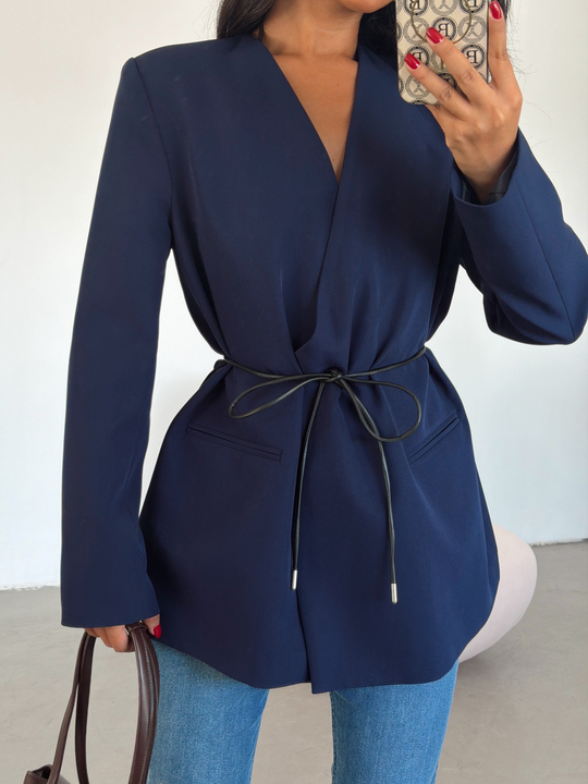 Deri Kemerli Blazer Ceket - Lacivert