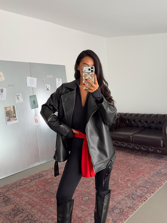 Kemerli Oversize Deri Ceket  - Siyah