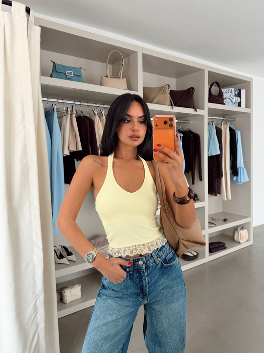Etek Ucu Dantelli Crop - Sarı
