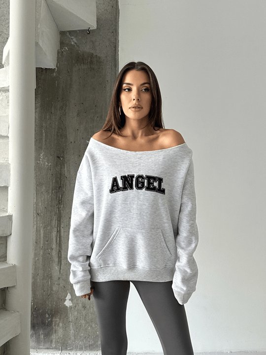 Angel Nakışlı Kayık Yaka Sweat - Gri