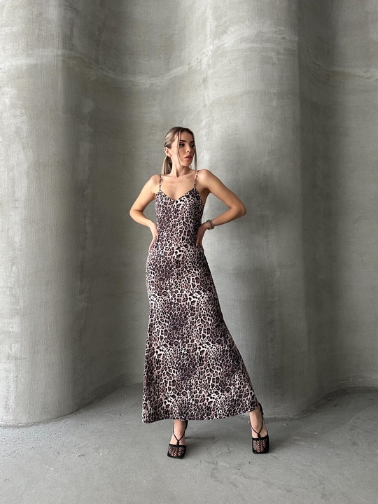 Askılı Leopar Desenli Elbise - Leopar