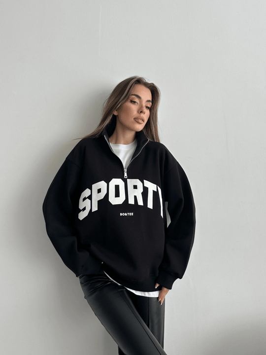 Sporty Yarım Fermuar Sweat - Siyah