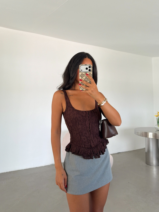 Korse Dantel Crop Top - Kahve