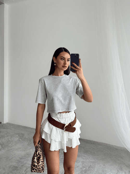 Yıkamalı Vatkalı Crop Basic - Gri