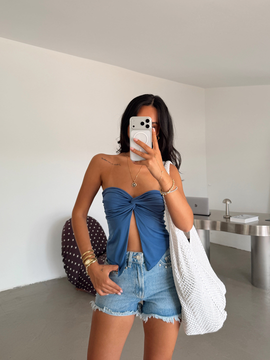 Straplez Kelebek Crop - Saks Mavi