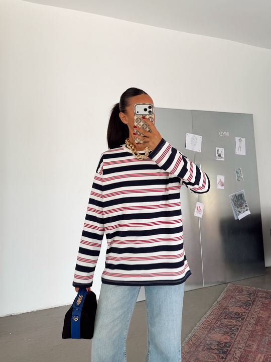Çizgili Suprem Basic Sweat - Lacivert