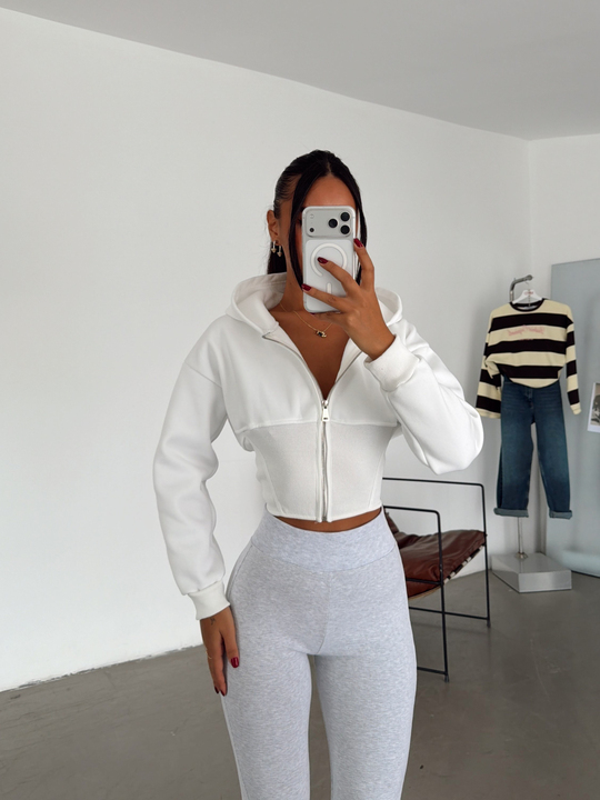 3 İplik Fermuarlı Sweat Hırka - Beyaz