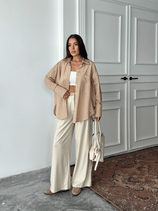 Bel Çizgi Detay Gömlekli Takım - Vizon
