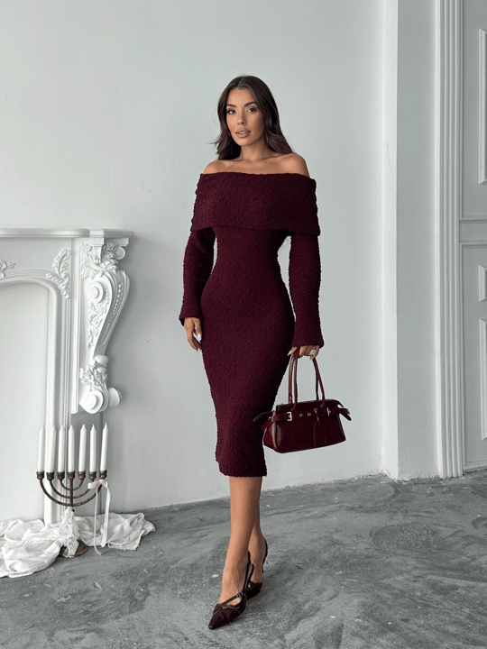 Madonna Yaka Buklet Elbise - Bordo