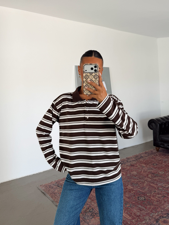 Polo Yaka Çizgili Sweatshirt - Kahve