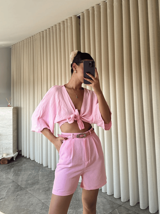 Keten Tek Pile Kemerli Şort - Pembe