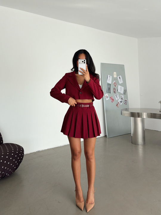 Çizgili Crop Ceket - Bordo