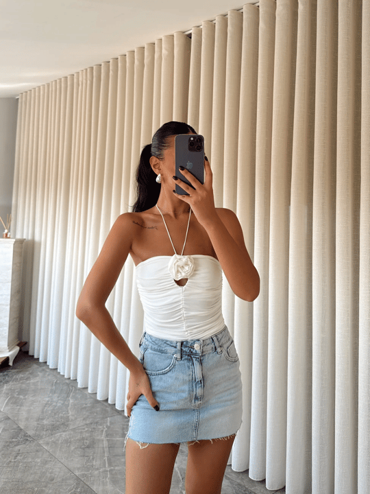 Milla Gül Detay Boyundan Bağlamalı Bodysuit Beyaz - Beyaz